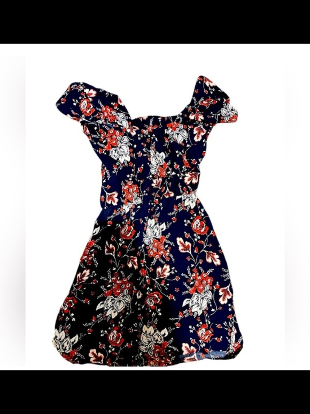 Navy Floral Off-Shoulder Dress with Red & White Flowers